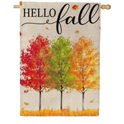 Evergreen Burlap House Flag - Hello Fall Autumn Trees