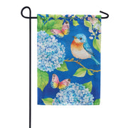 Evergreen Bluebird and Hydrangea Burlap Garden Flag