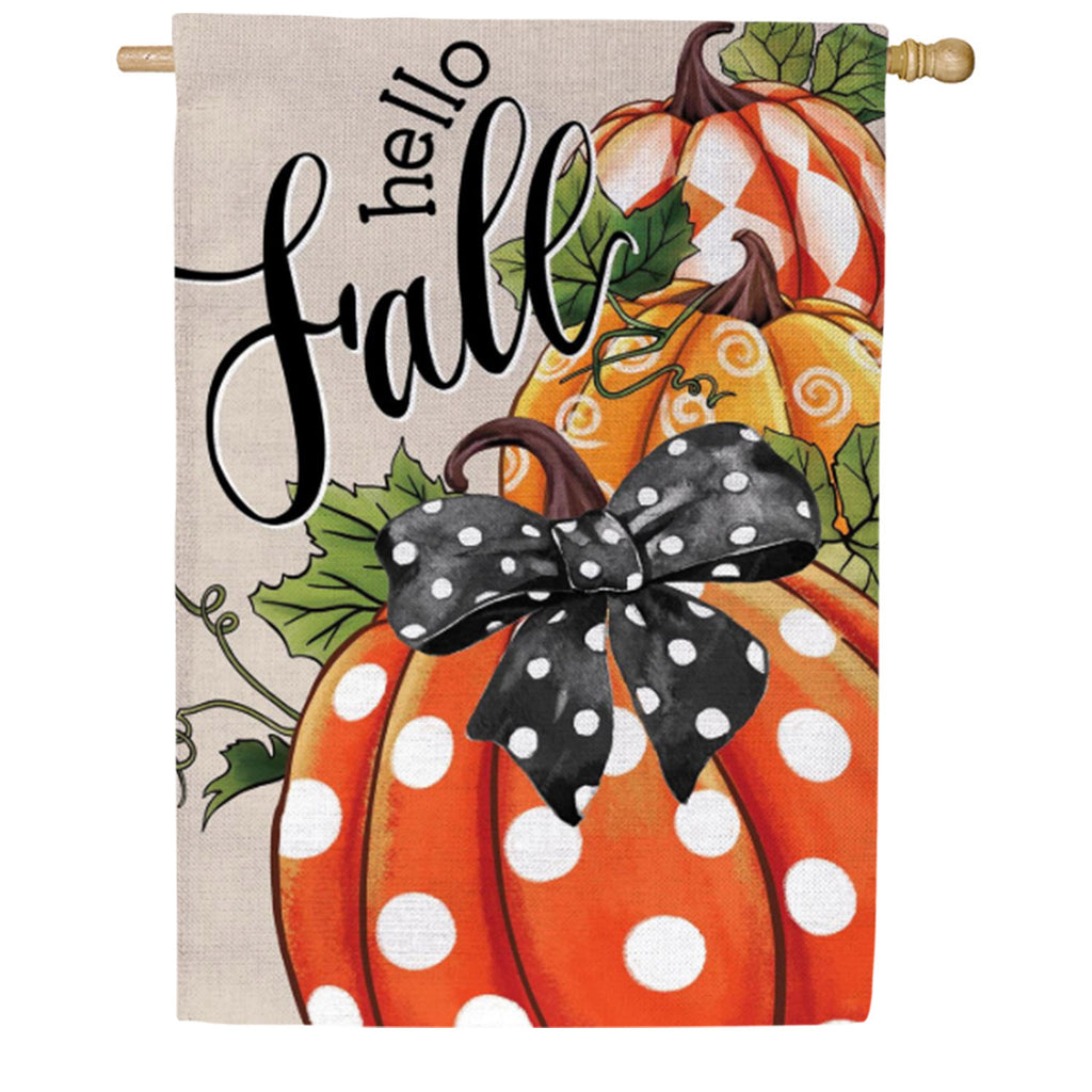 Evergreen Burlap House Flag - Patterned Pumpkins