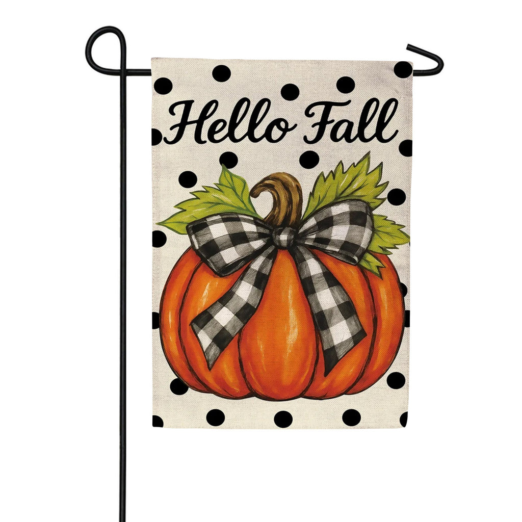 Evergreen Burlap Garden Flag - Checkered Bow Pumpkin