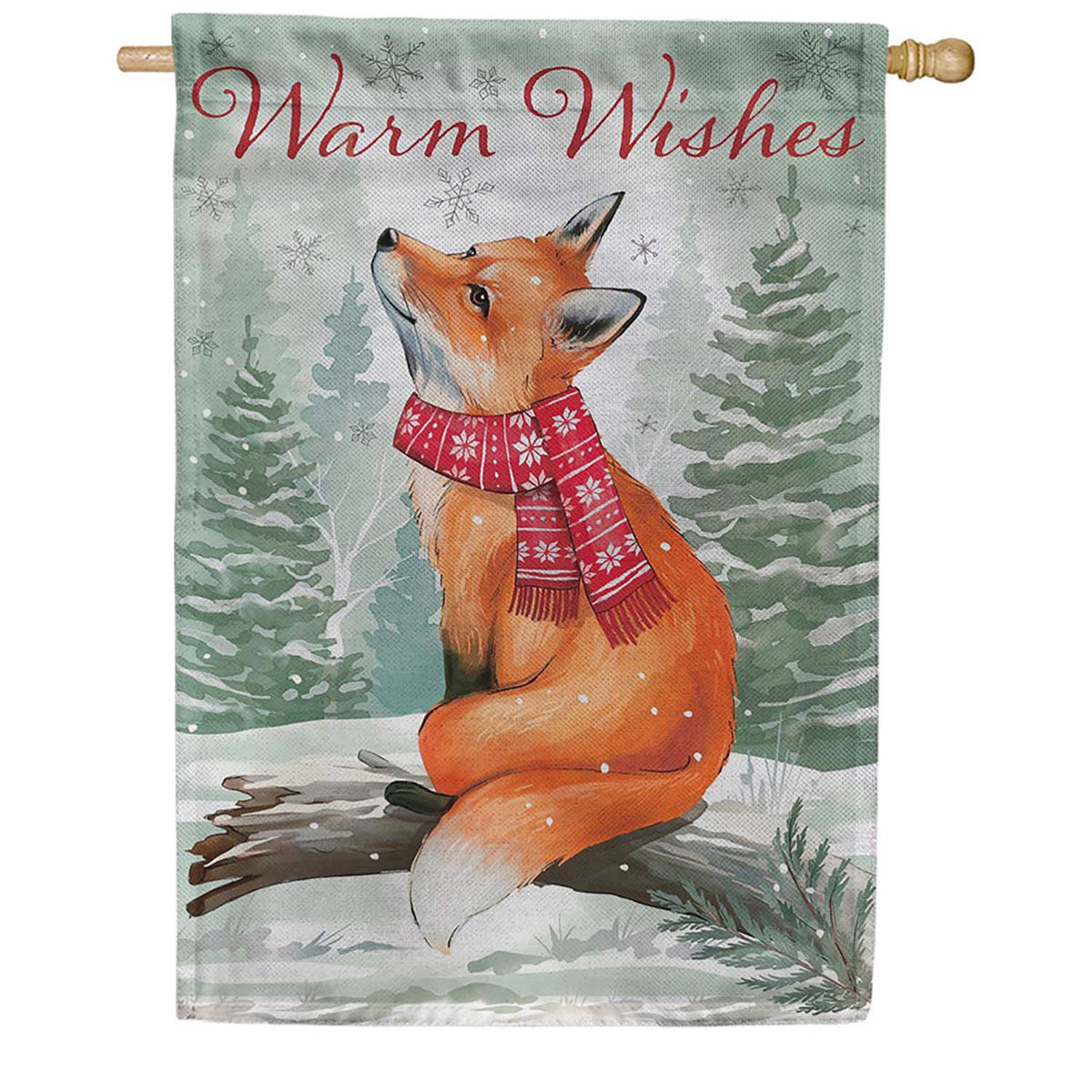 Evergreen Winter Grove Fox Burlap House Flag