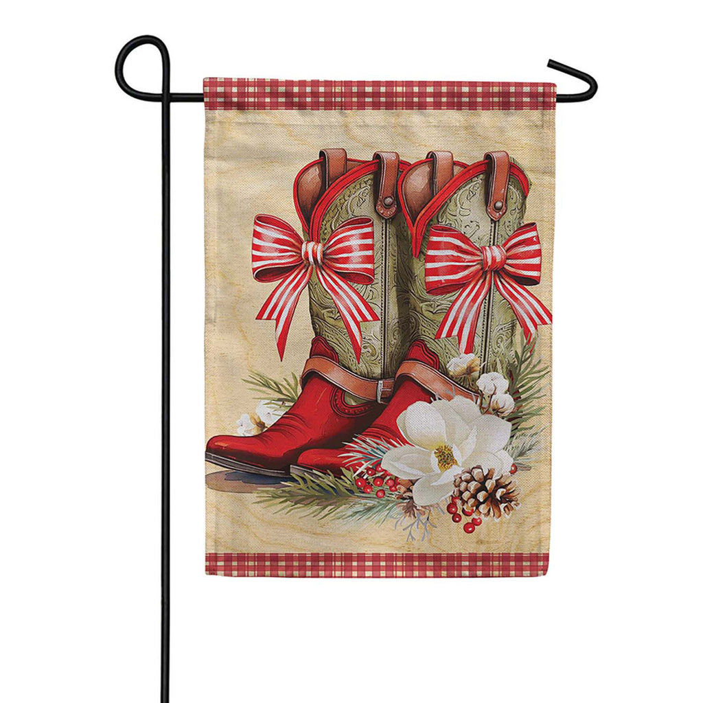 Evergreen Howdy Holidays Bow Boots Burlap Garden Flag