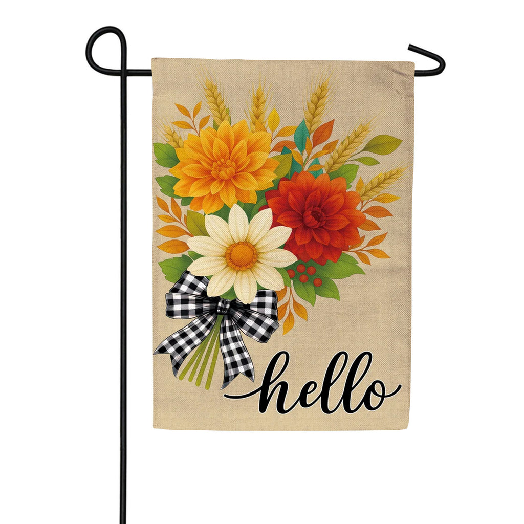 Evergreen Burlap Garden Flag - Hello Fall Bow Florals
