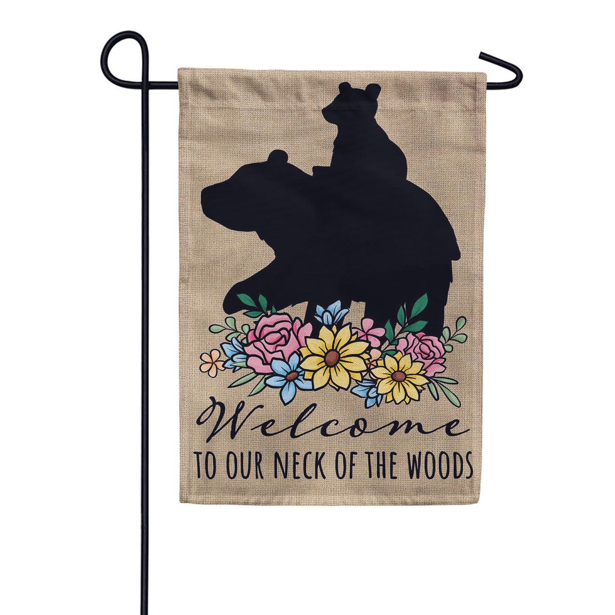 Evergreen Welcome to Our Neck of the Woods Burlap Garden Flag