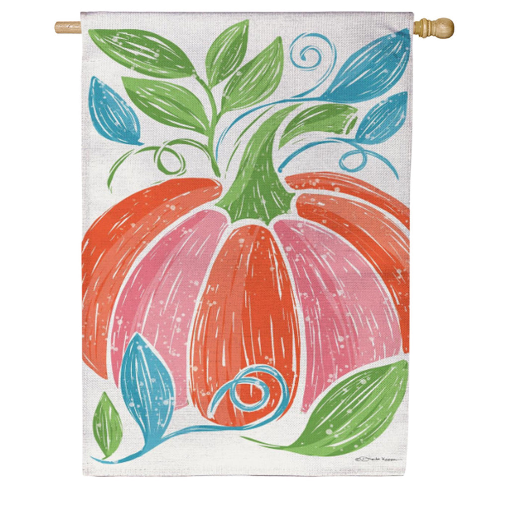 Evergreen Burlap House Flag - Fun Bright Pumpkin