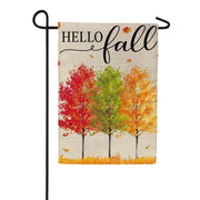 Evergreen Burlap Garden Flag - Hello Fall Autumn Trees
