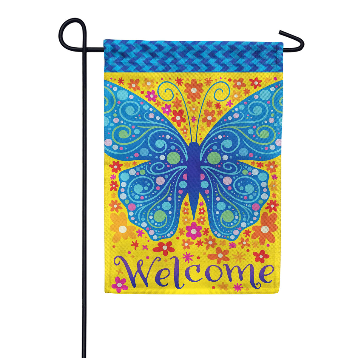 Evergreen Welcome Mosaic Blue Butterfly Burlap Garden Flag