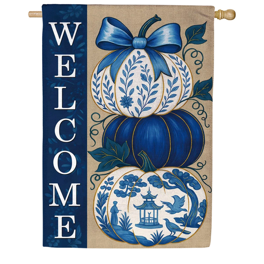 Evergreen Burlap House Flag - Chinoiserie Welcome Pumpkin