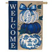 Evergreen Burlap House Flag - Chinoiserie Welcome Pumpkin