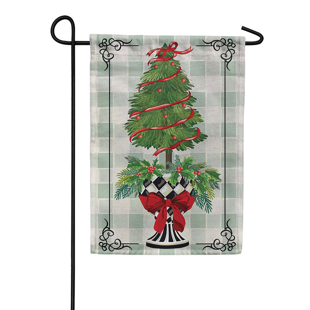 Evergreen Christmas Checkered Topiary Burlap Garden Flag