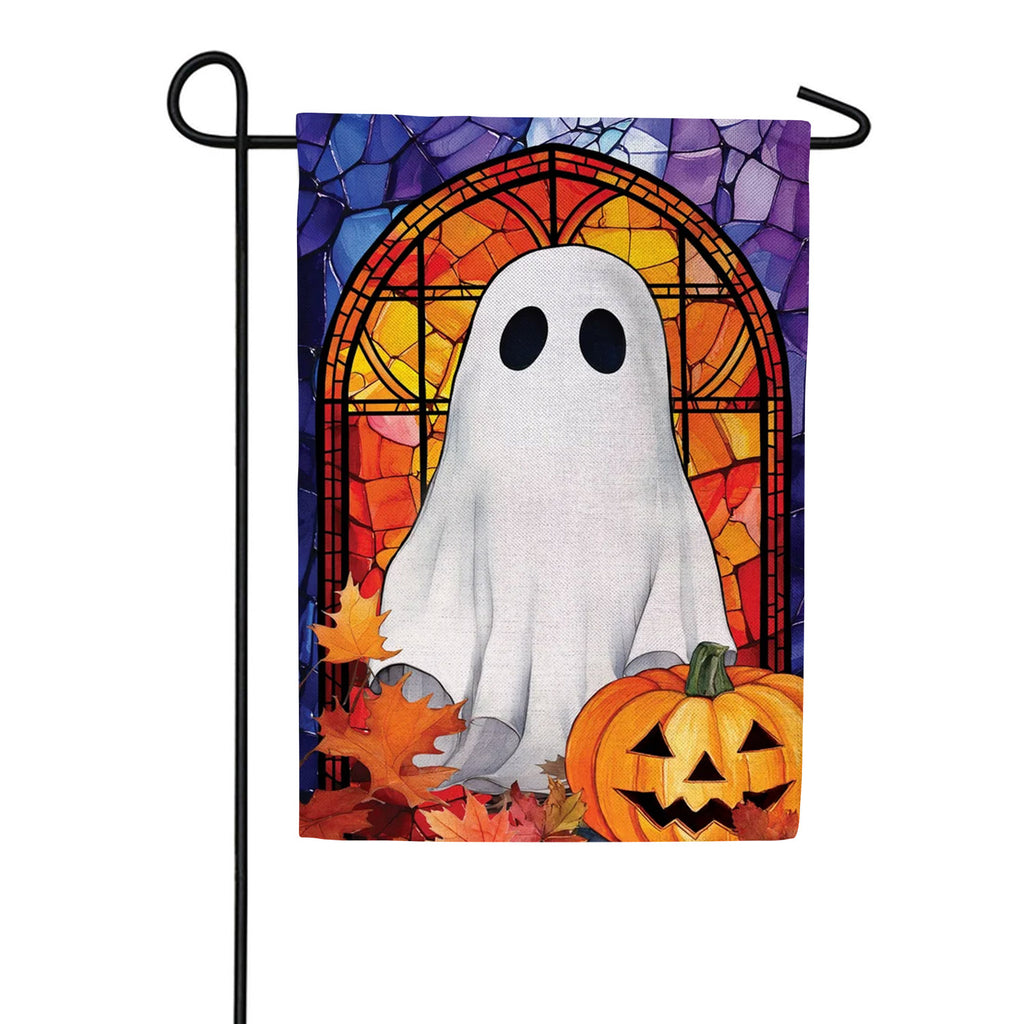 Evergreen Burlap Garden Flag - Stained Glass Halloween Ghost