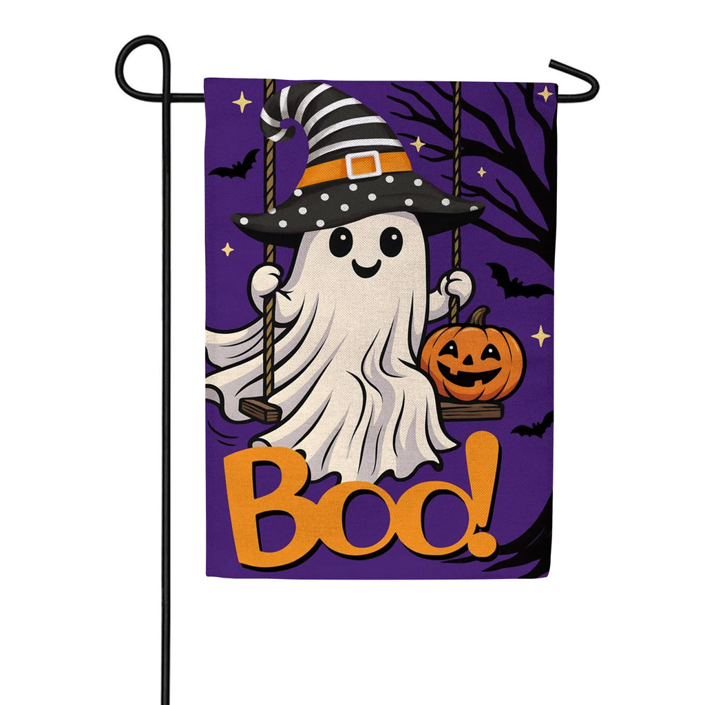 Evergreen Burlap Garden Flag - Swinging Ghost