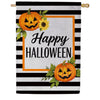 Evergreen Burlap House Flag - Happy Halloween Striped Jack O' Lanterns