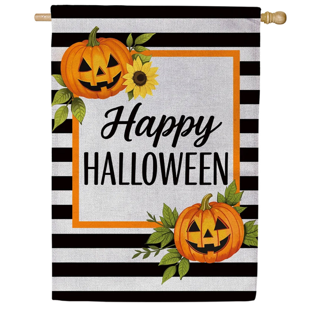 Evergreen Burlap House Flag - Happy Halloween Striped Jack O' Lanterns