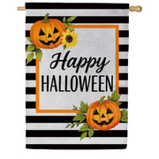 Evergreen Burlap House Flag - Happy Halloween Striped Jack O' Lanterns