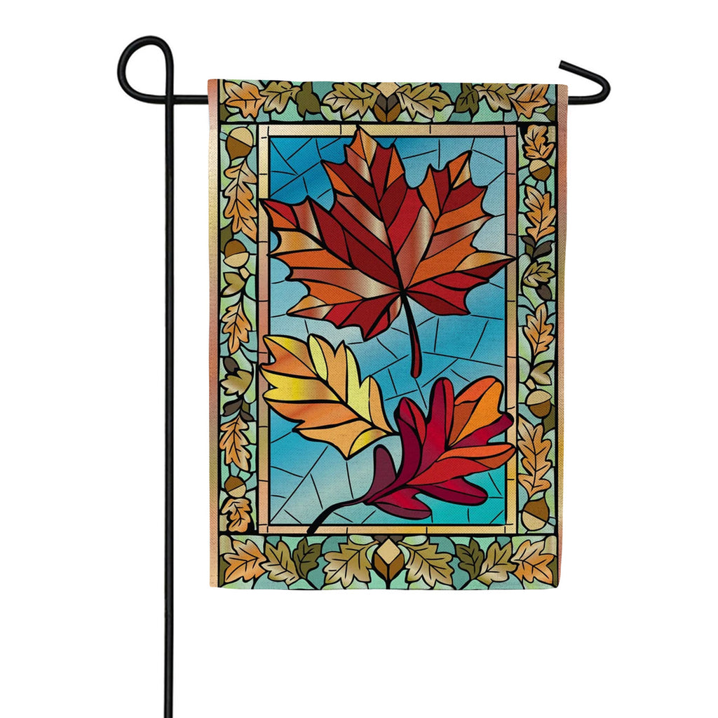 Evergreen Burlap Garden Flag - Autumn Leaves Stained Glass