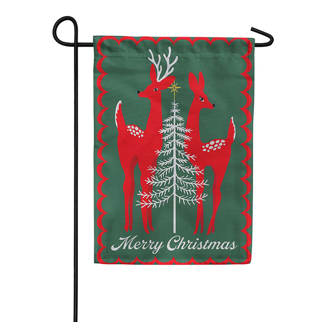 Evergreen Holiday Deer and Tree Burlap Garden Flag