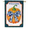 Evergreen Burlap House Flag - Pumpkin With Chinoiserie Bow 