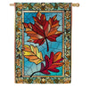 Evergreen Burlap House Flag - Autumn Leaves Stained Glass