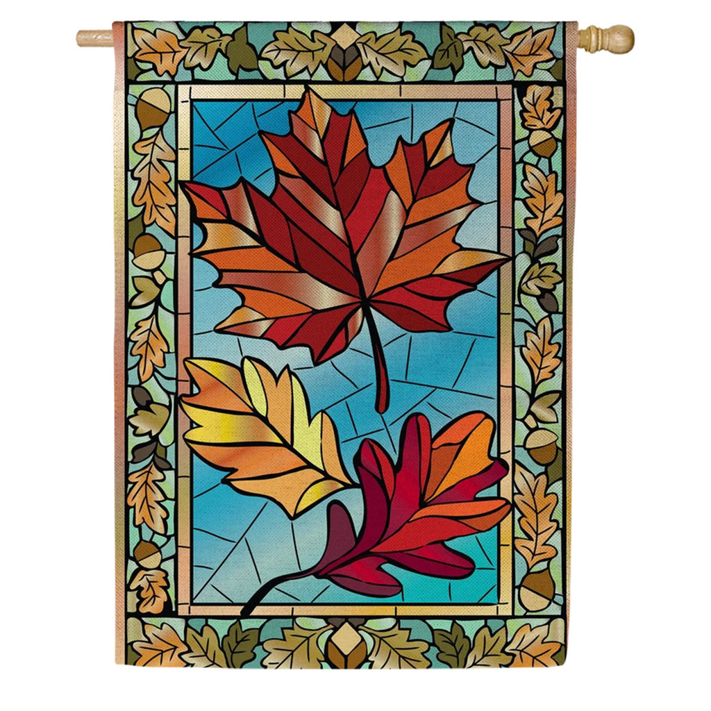Evergreen Burlap House Flag - Autumn Leaves Stained Glass
