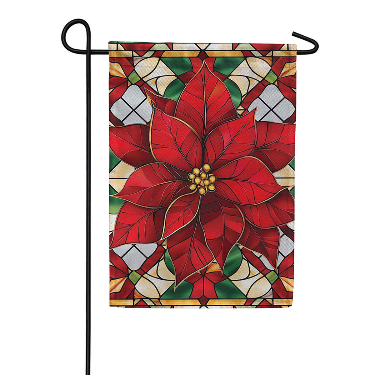 Evergreen Stained Glass Poinsettia Burlap Garden Flag