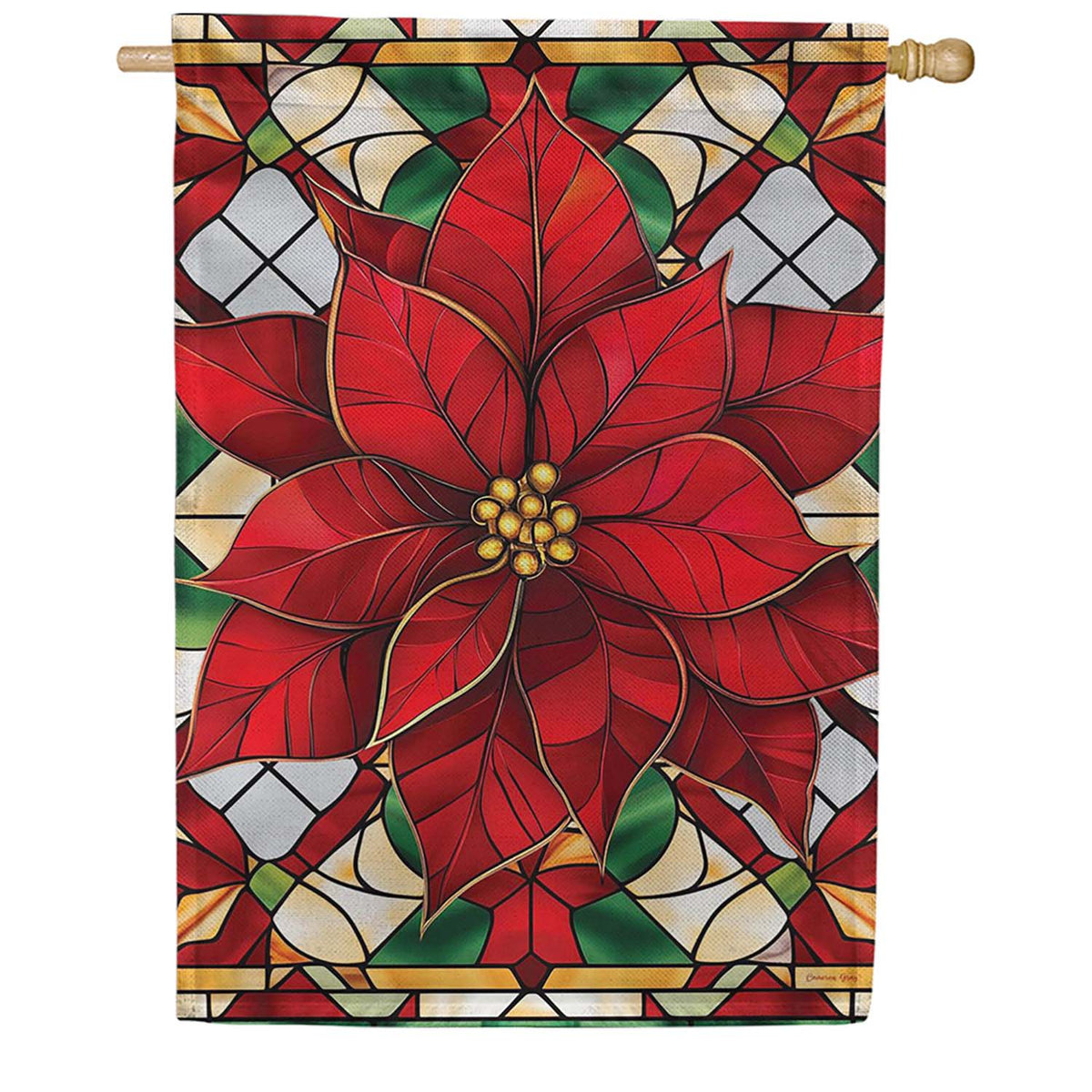 Evergreen Stained Glass Poinsettia Burlap House Flag