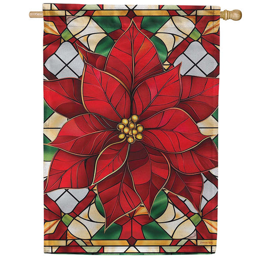 Evergreen Stained Glass Poinsettia Burlap House Flag