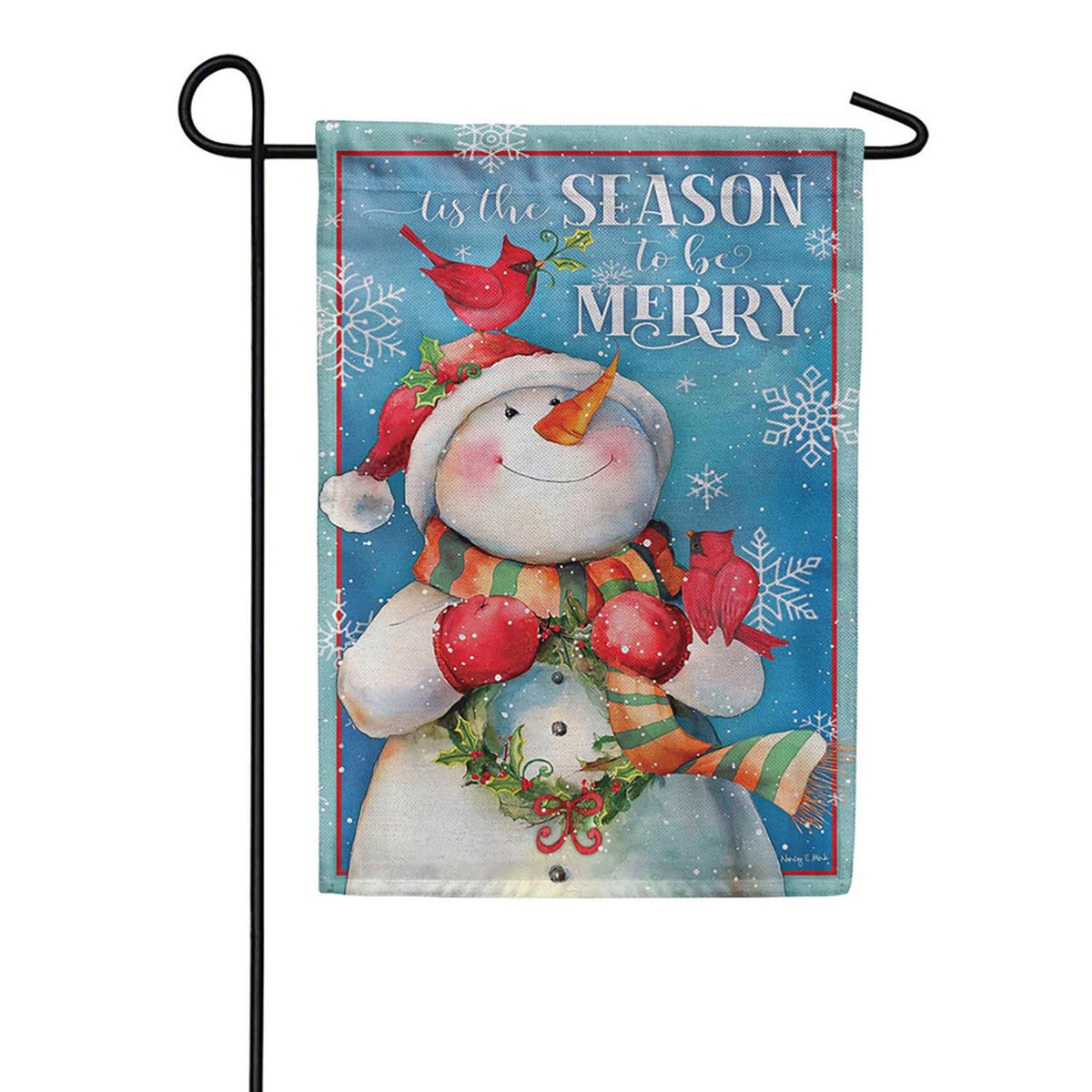 Evergreen Merry Snowman With Cardinal Burlap Garden Flag