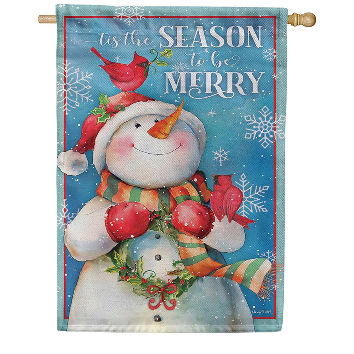 Evergreen Merry Snowman With Cardinal Burlap House Flag
