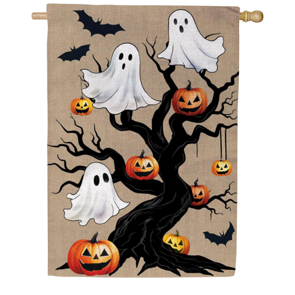 Evergreen Burlap House Flag - Halloween Festive Tree