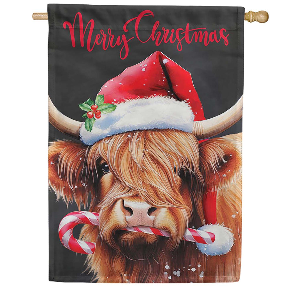 Evergreen Holly Homestead Highland Cow Lustre House Flag