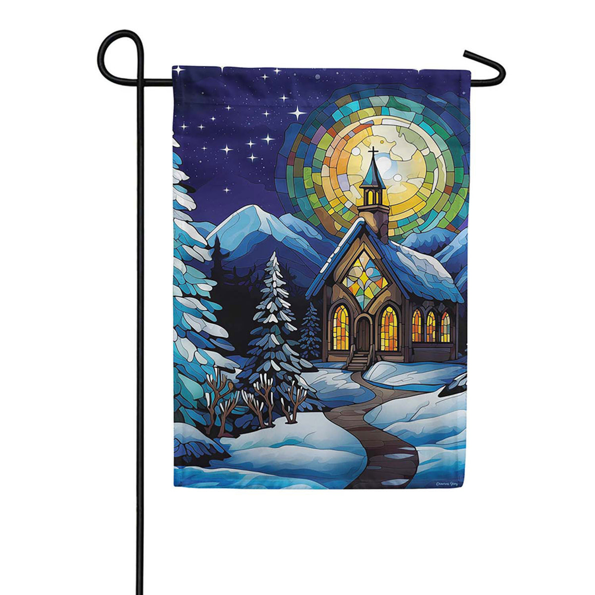 Evergreen Stained Glass Church Lustre Garden Flag
