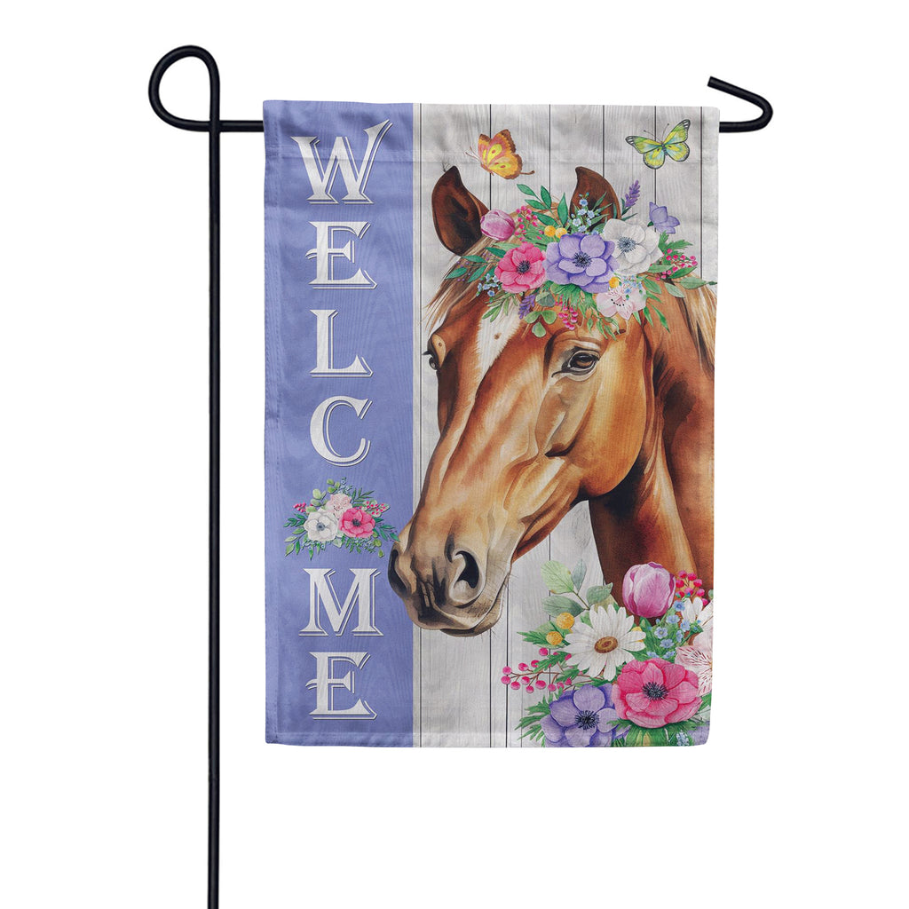 Evergreen Moire Garden Flag - Floral Horse Welcome