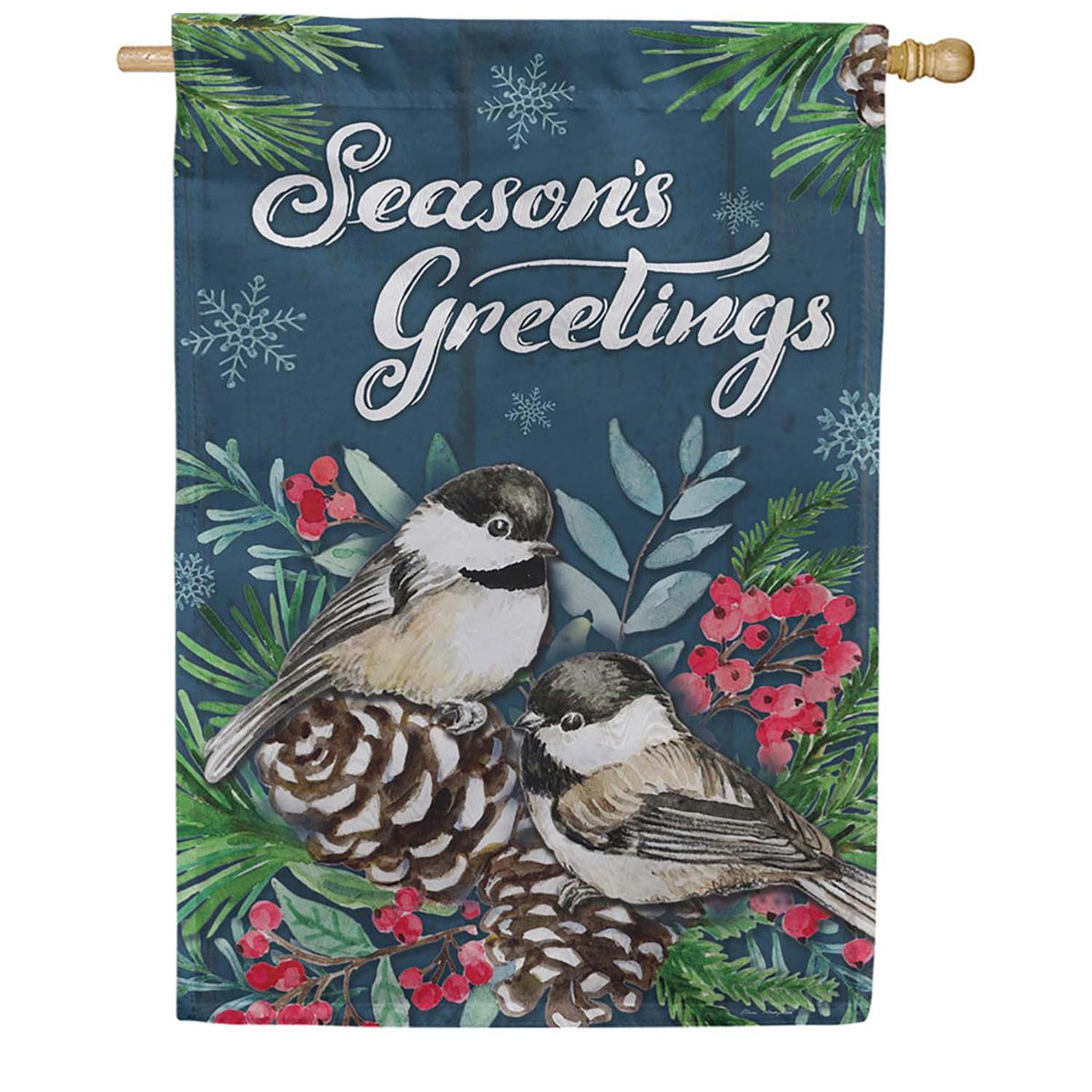 Evergreen Moire House Flag - Seasonal Chickadee Couple