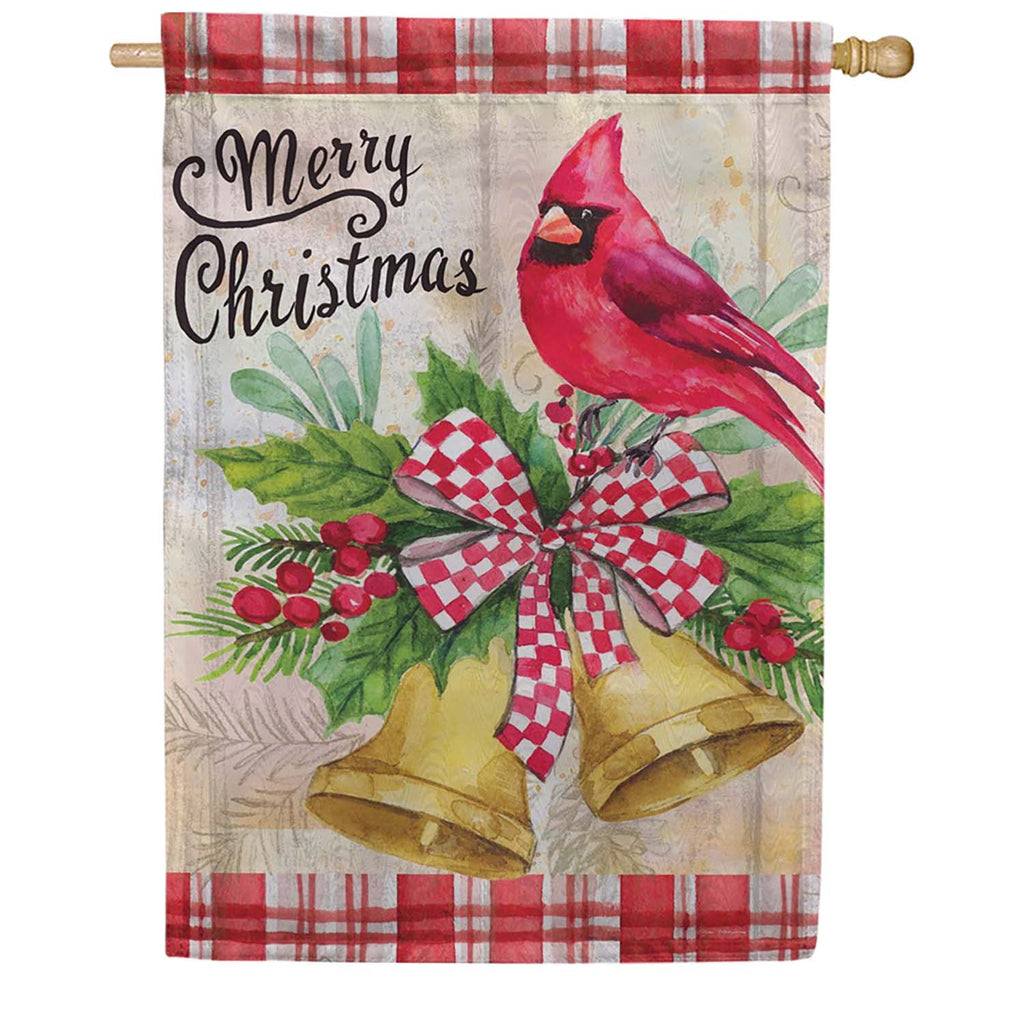 Evergreen Moire House Flag - Christmas Bells Cardinal