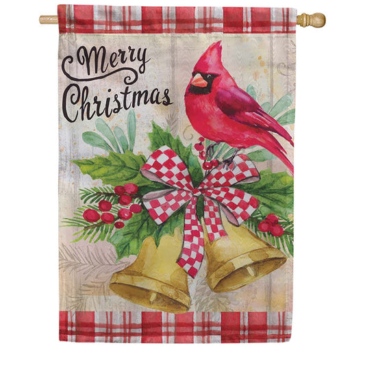 Evergreen Moire House Flag - Christmas Bells Cardinal