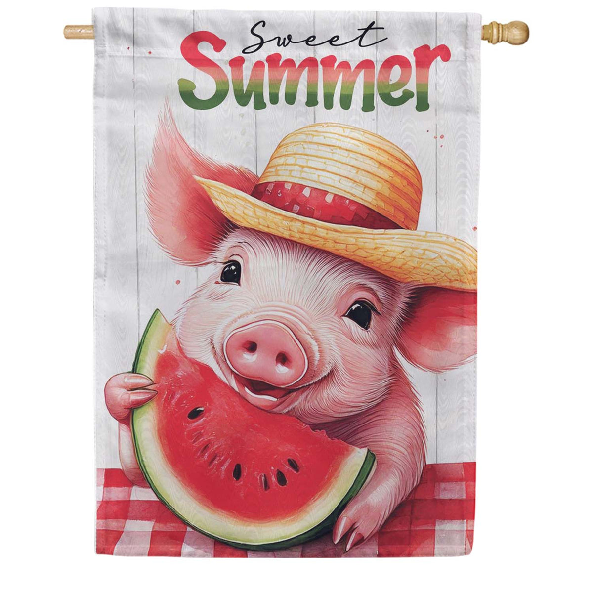 Evergreen Moire House Flag - Sweet Summer Piggy Watermelon