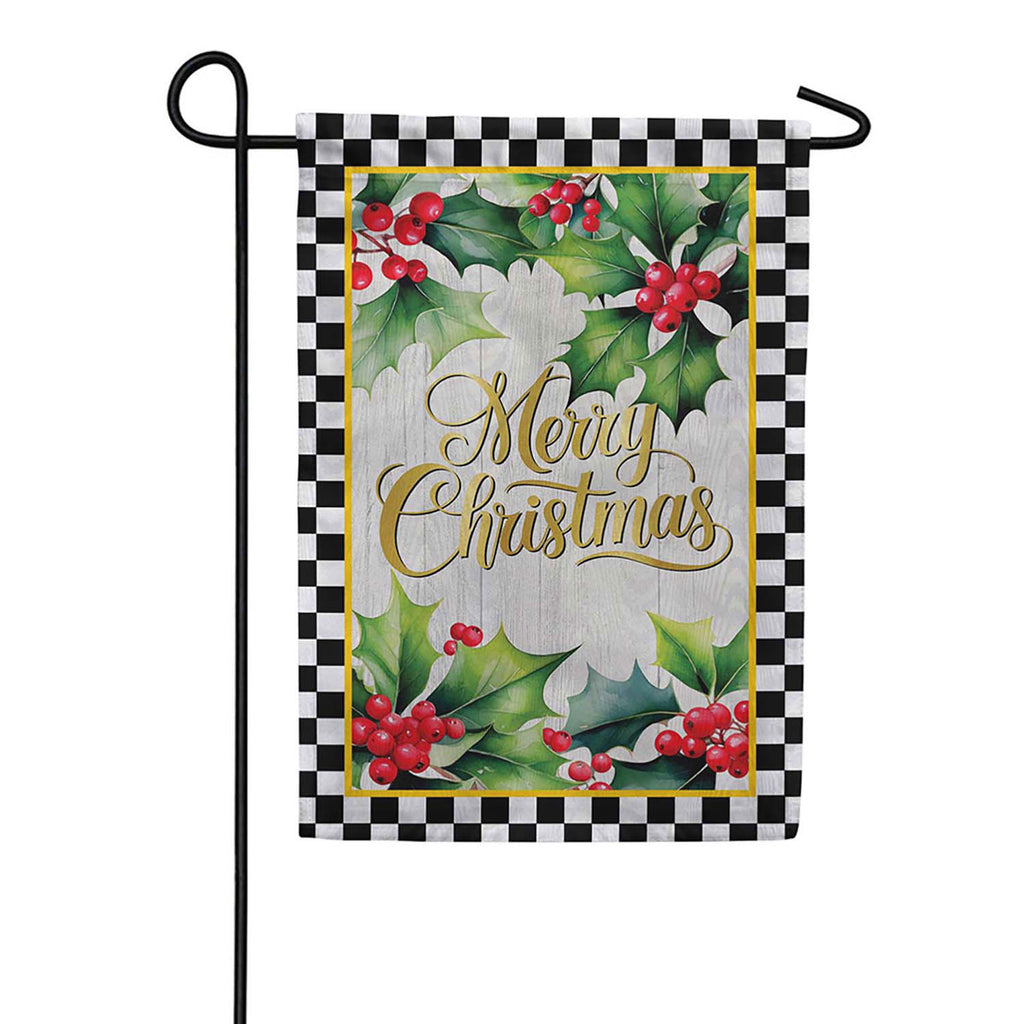 Evergreen Moire Garden Flag - Merry Christmas Holly