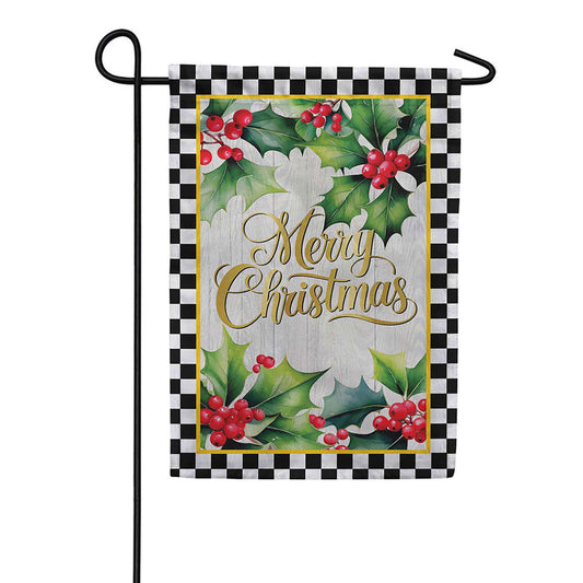 Evergreen Moire Garden Flag - Merry Christmas Holly