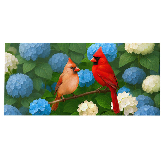 Evergreen Sassafras Switch Mat - Cardinal Couple Among Hydrangeas