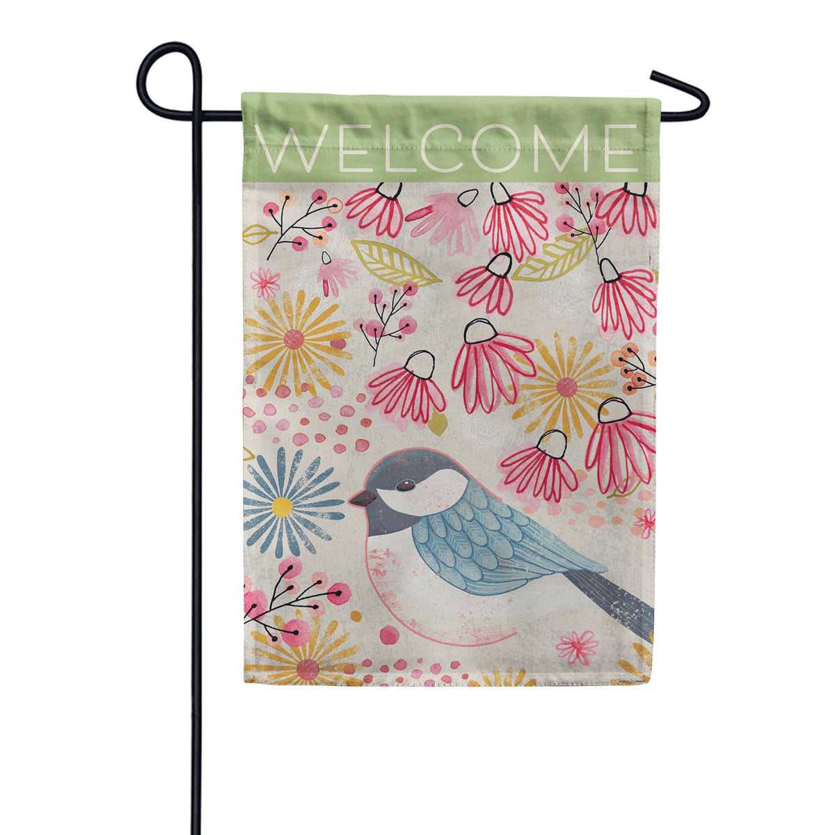 Evergreen Suede 2-Sided Garden Flag - Pastel Doodles Chickadee