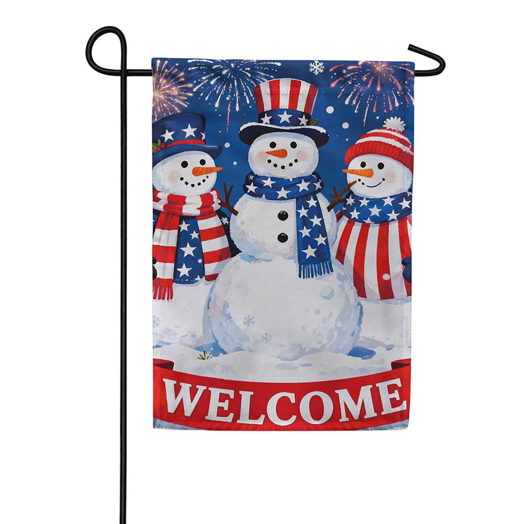 Evergreen Suede 2-Sided Garden Flag - Patriotic Snowman Trio