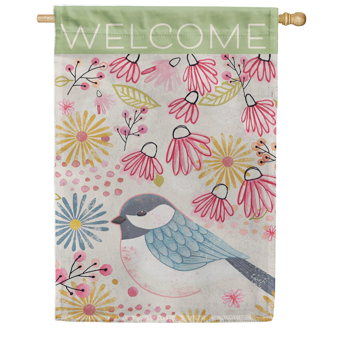 Evergreen Suede 2-Sided House Flag - Pastel Doodles Chickadee