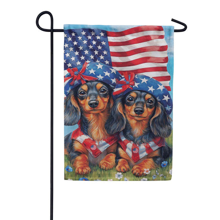 Evergreen Suede 2-Sided Garden Flag - Patriotic Dachshund Duo