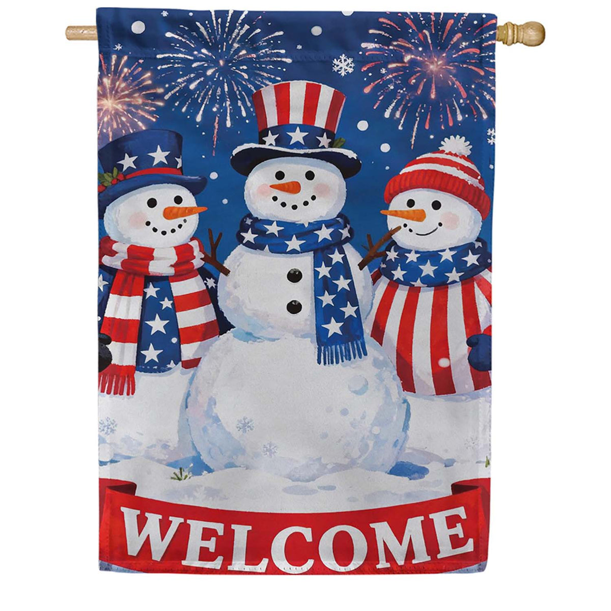 Evergreen Suede 2-Sided House Flag - Patriotic Snowman Trio