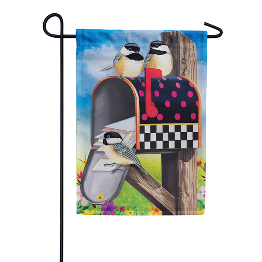 Evergreen Delivery Chickadees Suede 2-Sided Garden Flag 12.5" x 18"