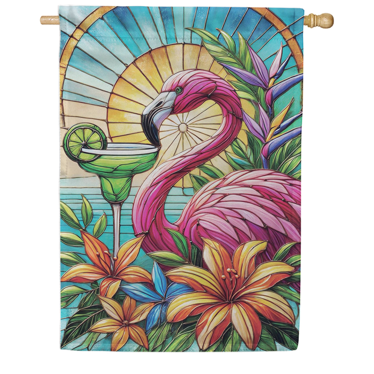 Evergreen Suede 2-Sided House Flag - Stained Glass Summer Flamingo
