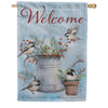 Evergreen Suede 2-Sided House Flag - Snowbirds Chickadee Watering Can