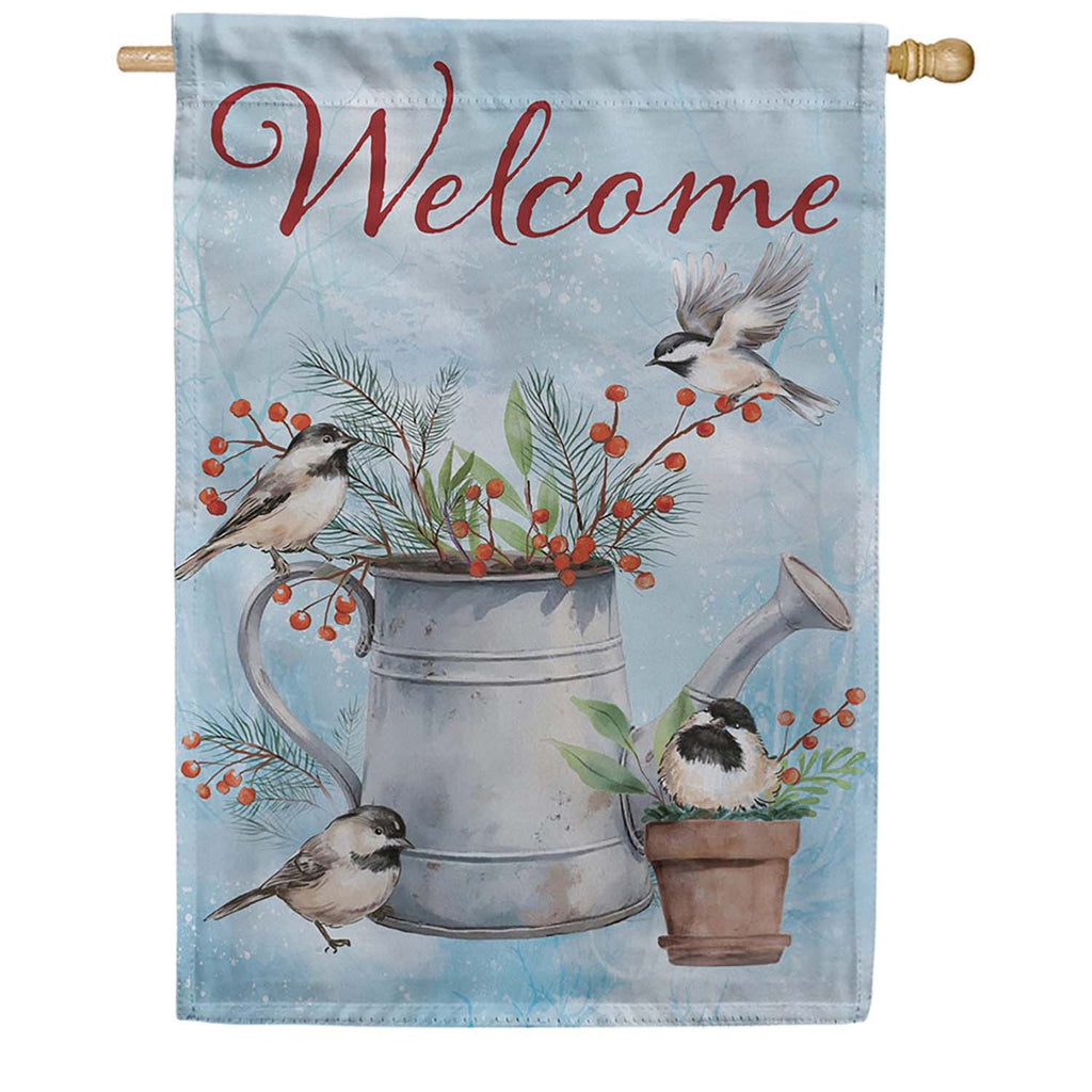 Evergreen Suede 2-Sided House Flag - Snowbirds Chickadee Watering Can