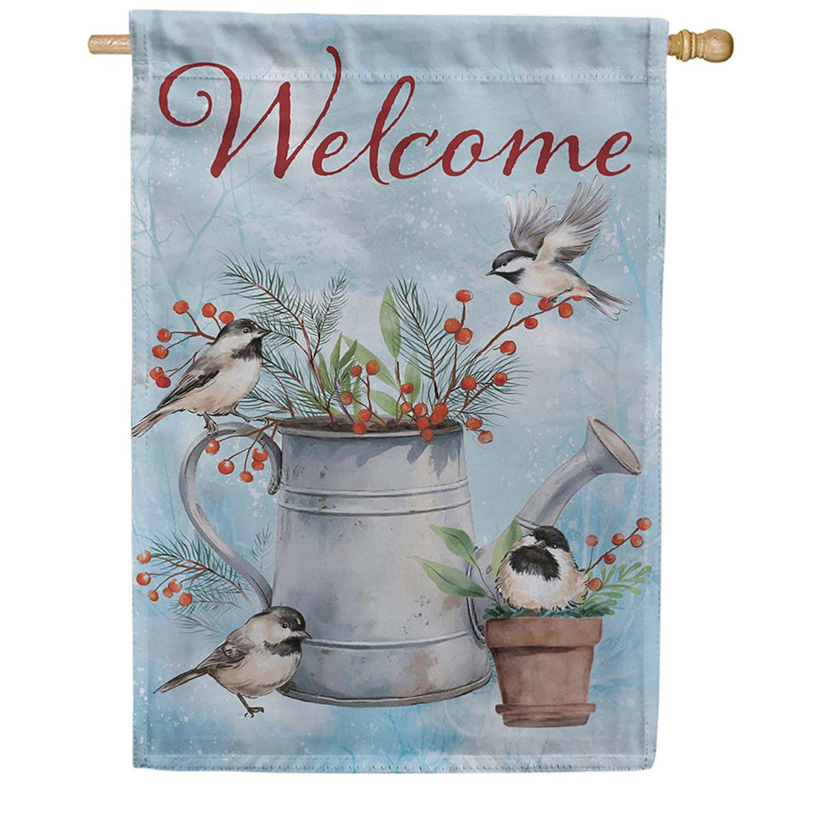 Evergreen Suede 2-Sided House Flag - Snowbirds Chickadee Watering Can